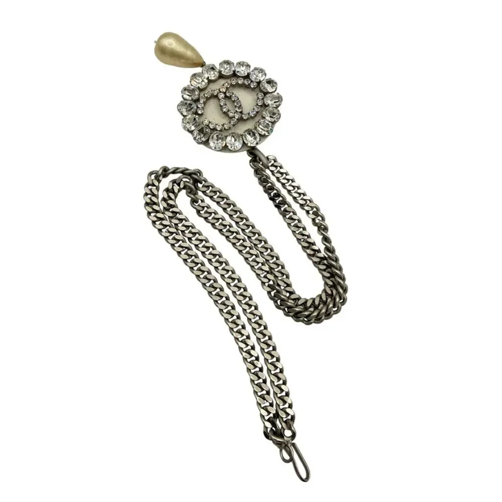 Chanel Fall 2000 Crystal CC Pearl Drop Medallion Necklace on Gunmetal Chain